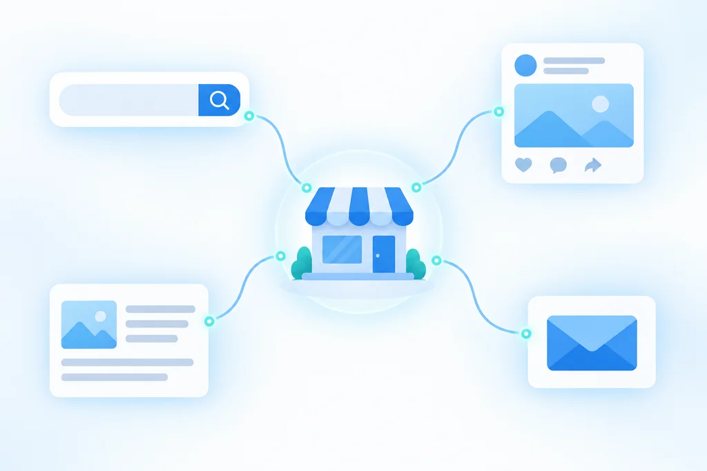 Illustratie van marketing voor mkb: een zoekbalk, een social-mediabericht, een artikel en een e-mail die met lijnen samenkomen bij een winkelpand.