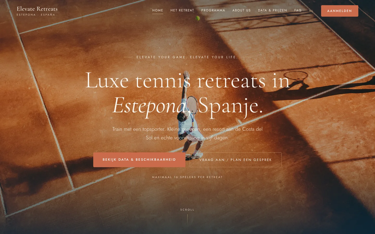 De website van Elevate Retreats: luxe tennisretreats in Estepona