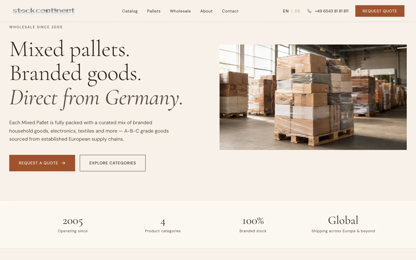 De website van Stock Continent: mixed pallets en branded goods, direct uit Duitsland